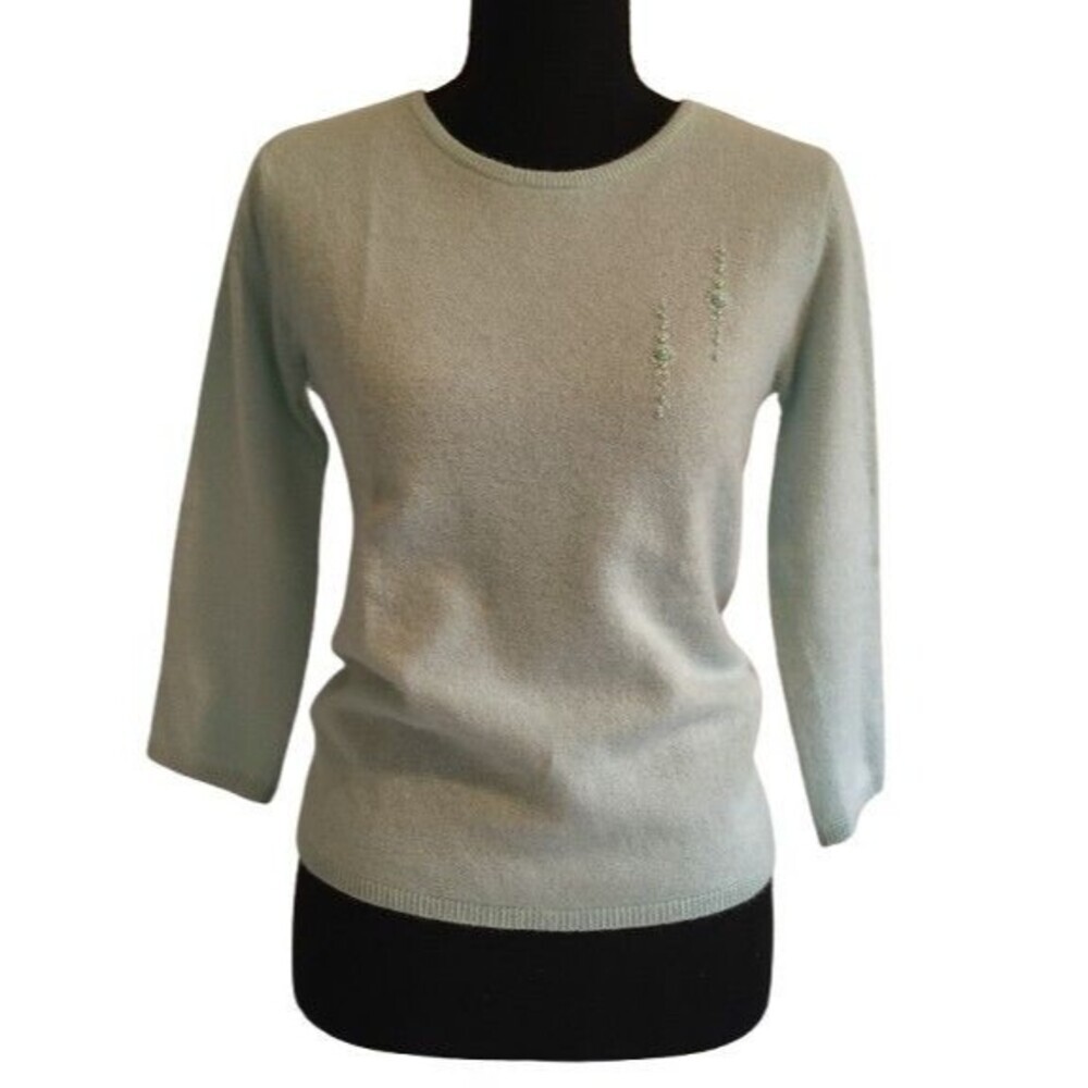 VTG Old Navy Mint Green Lambswool Angora Beaded Floral Sweater Small 3/4 Sleeve